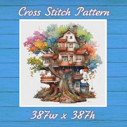TreeHouse Cross Stitch Pattern PDF Counted House Village - Fabulous Fantastic Magical Cottage in Garden 826 387