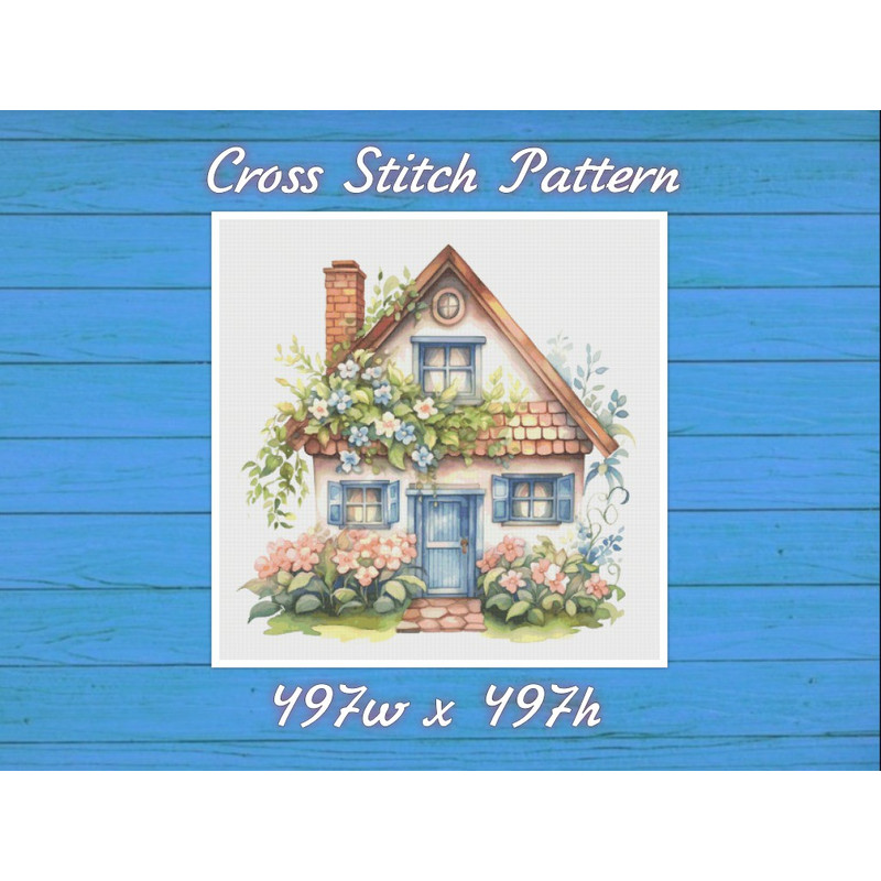House Village Cross Stitch Pattern - PDF Counted House in Garden - Fabulous Fantastic Magical Little Cottage - House in Flowers .jpg