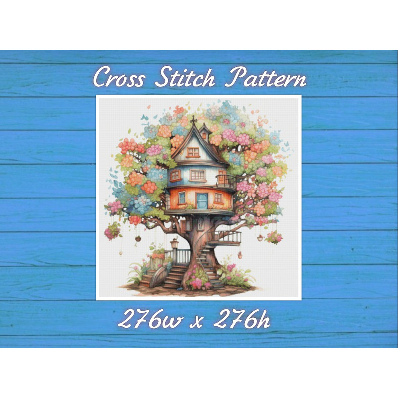 TreeHouse Cross Stitch Pattern PDF Counted House Village - Fabulous Fantastic Magical Cottage - Cottage in Garden .jpg