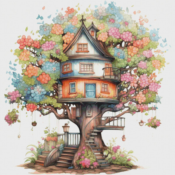 TreeHouse - Cross Stitch Pattern - PDF Counted House Village - Fabulous Fantastic Magical Cottage - Cottage in Garden - 5 Sizes.png