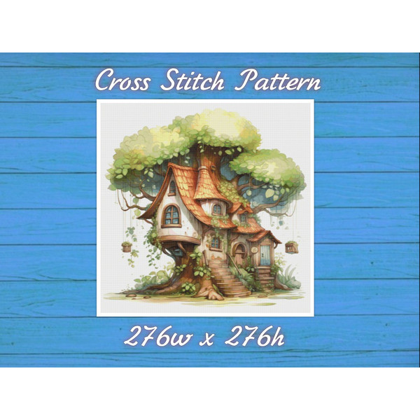 TreeHouse Cross Stitch Pattern PDF Counted House Village - Fabulous Fantastic Magical Cottage - Cottage in Garden .jpg
