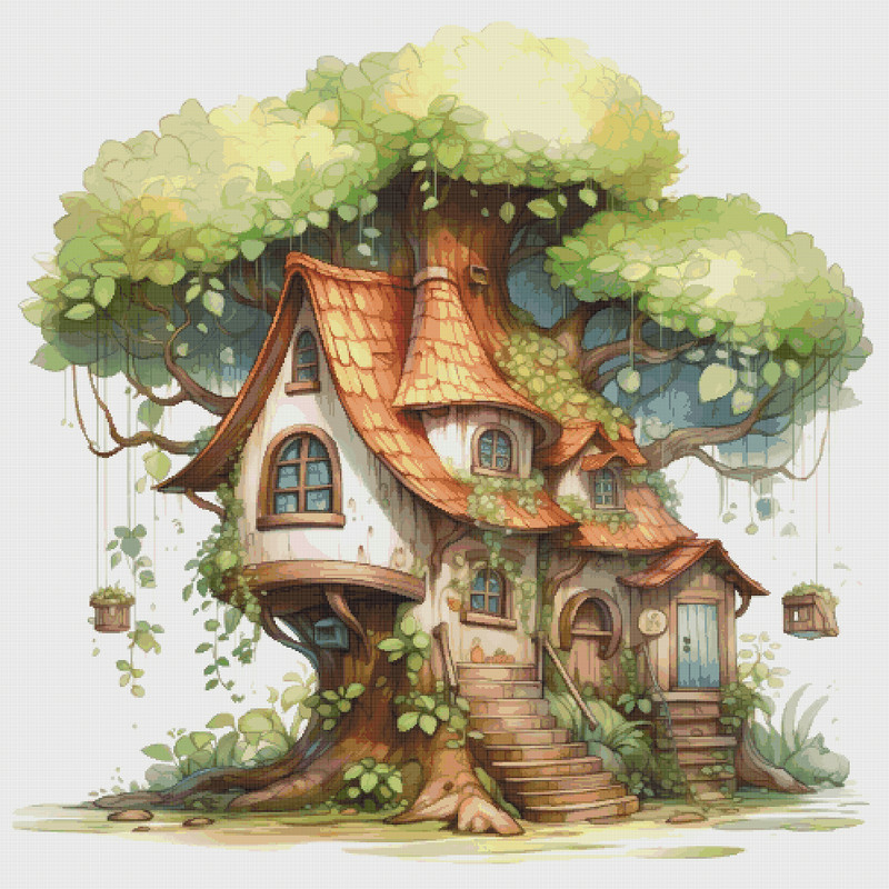 TreeHouse - Cross Stitch Pattern - PDF Counted House Village - Fabulous Fantastic Magical Cottage - Cottage in Garden - 5 Sizes.png