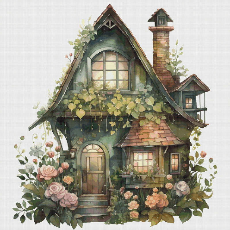 Cottage in Flowers - Cross Stitch Pattern - PDF Counted House Village - Fabulous Fantastic Magical House in Garden - 5 Sizes.png