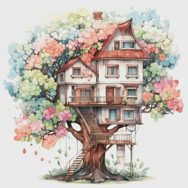 TreeHouse Cross Stitch Pattern PDF Counted House Village - Fabulous Fantastic Magical Cottage - Cottage in Garden - 5 Sizes.png