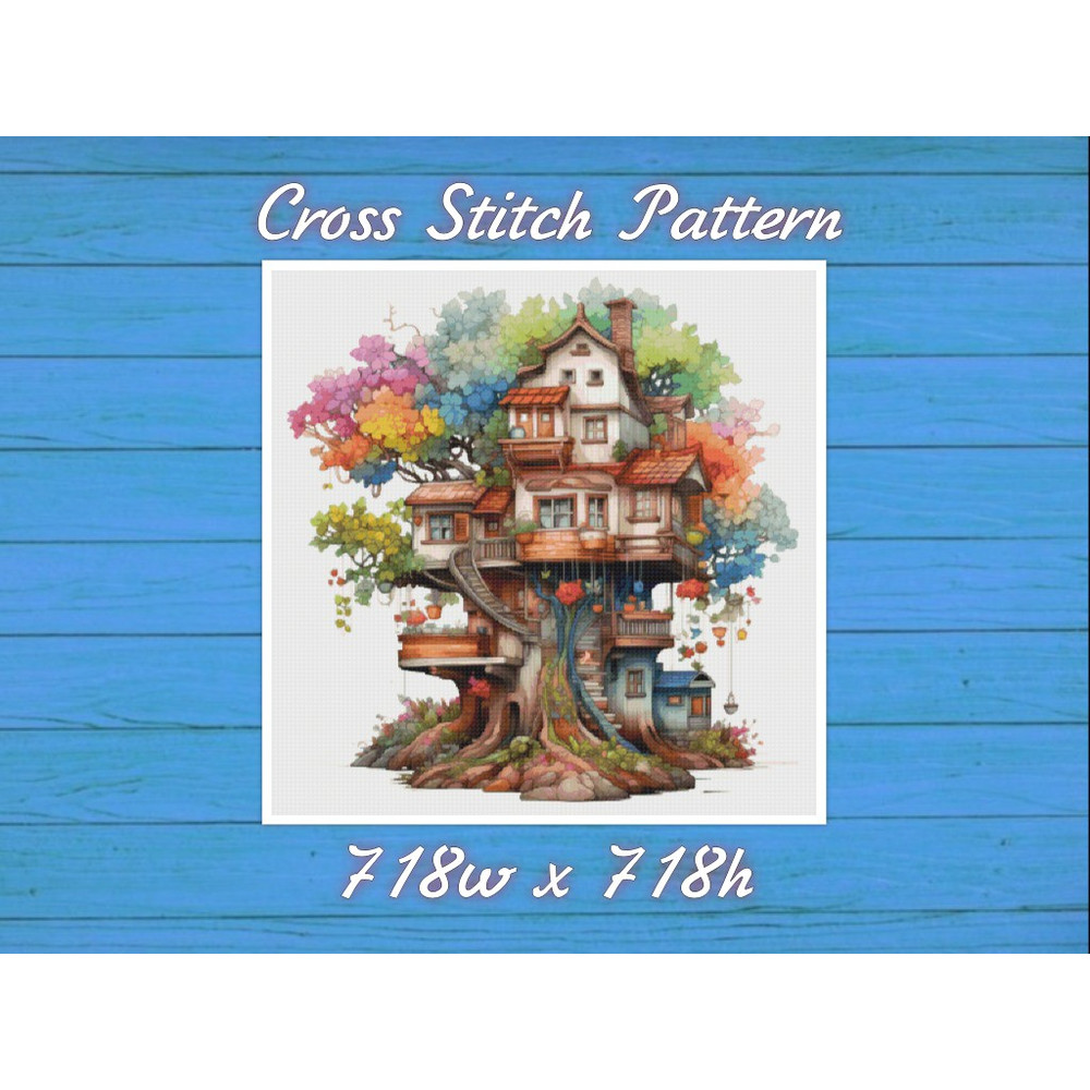 TreeHouse Cross Stitch Pattern PDF Counted House Village - Fabulous Fantastic Magical Cottage - Cottage in Garden .jpg