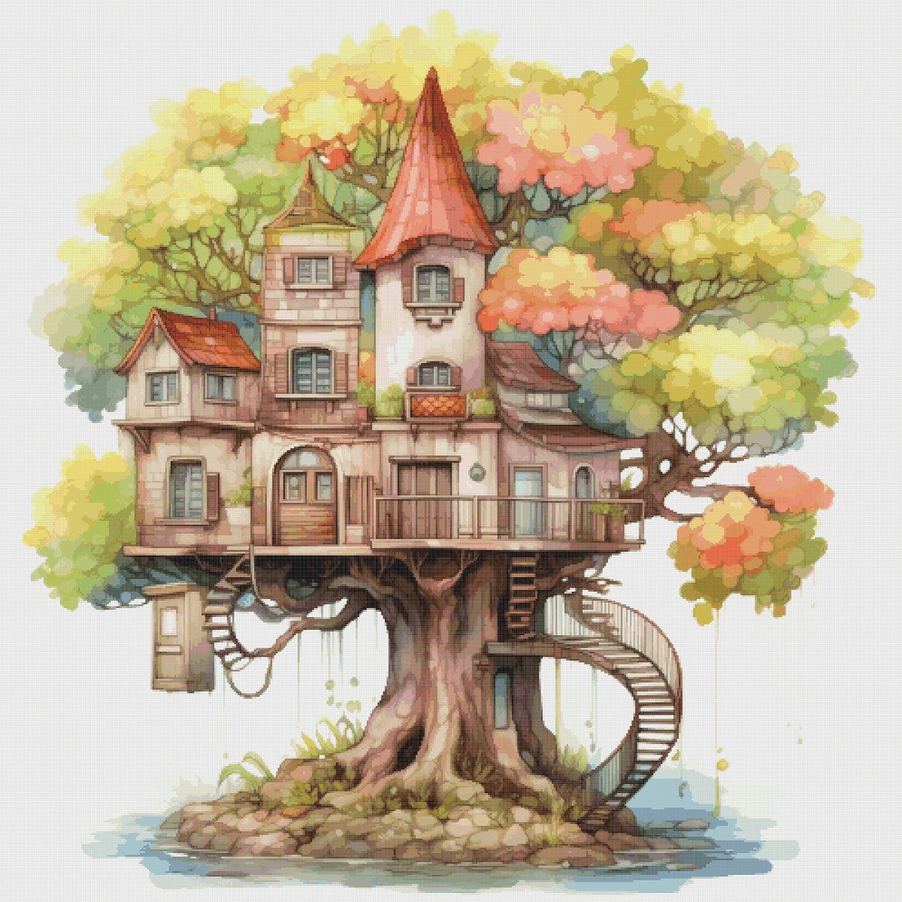 TreeHouse Cross Stitch Pattern PDF Counted House Village - Fabulous Fantastic Magical Cottage - Cottage in Garden - 5 Sizes.png