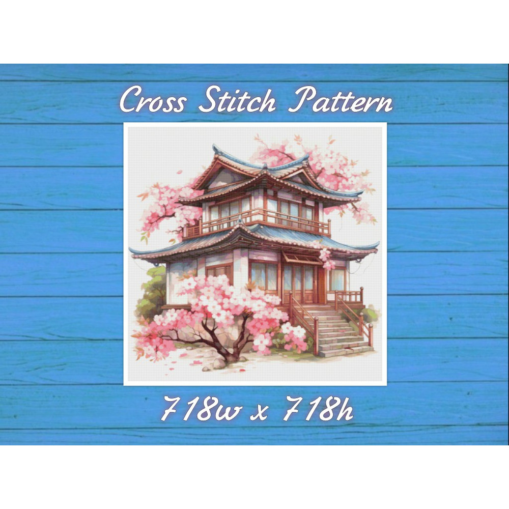 Cottage with Sakura Cross Stitch Pattern PDF Counted House Village Fabulous Fantastic Magical House in Garden.jpg