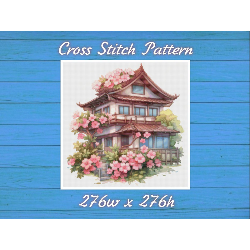 Cottage with Sakura Cross Stitch Pattern PDF Counted House Village Fabulous Fantastic Magical House in Garden.jpg