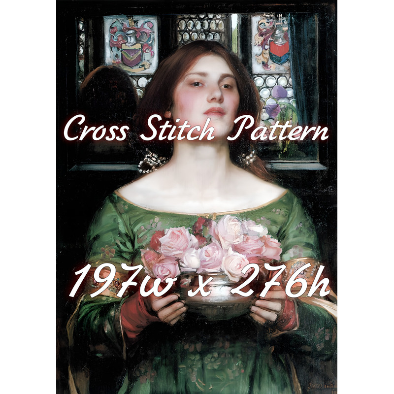 Vintage Cross Stitch Pattern Gather Ye Rosebuds While Ye May Dante Gabriel Rossetti 1864 PDF Counted 197w x 276h.jpg
