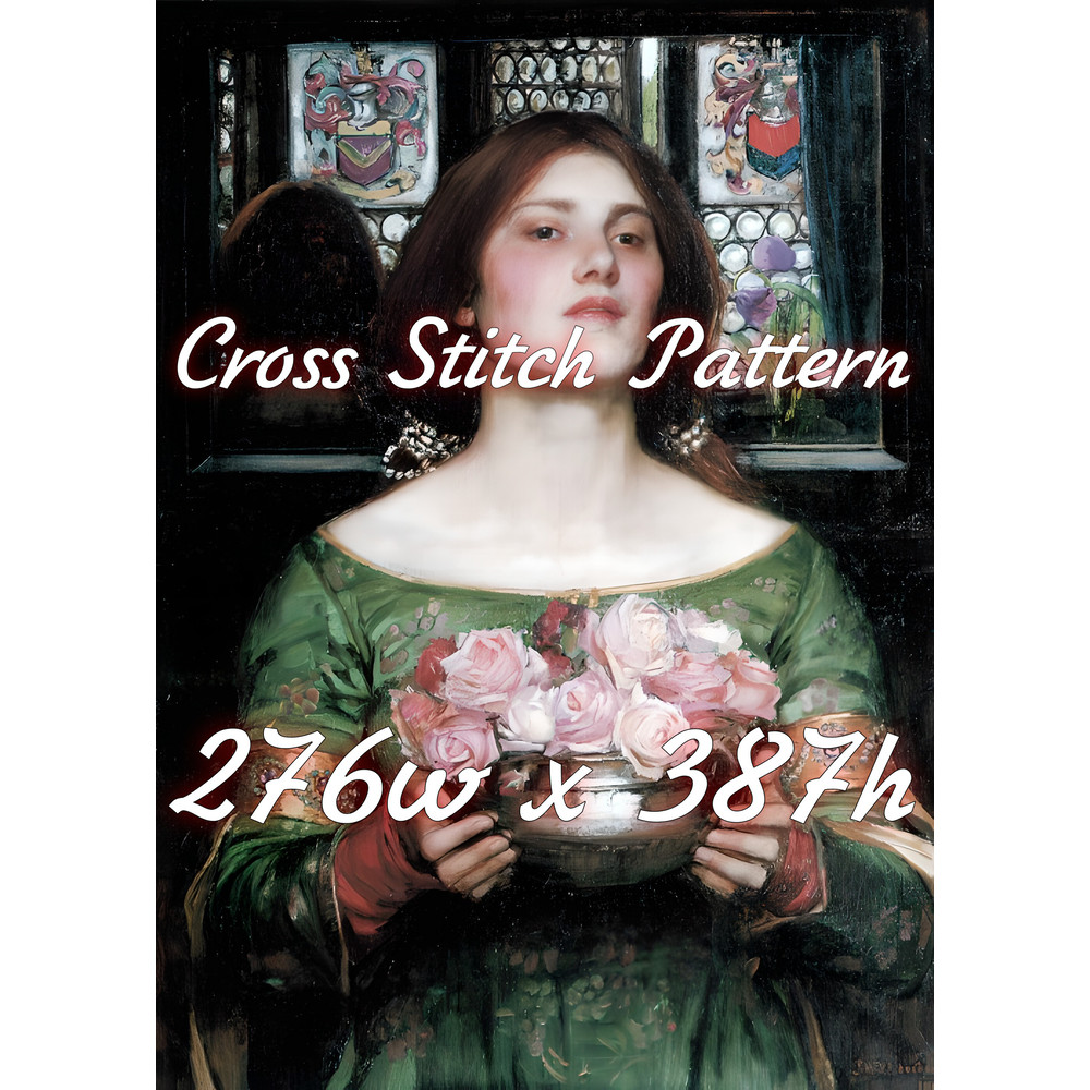 Vintage Cross Stitch Pattern Gather Ye Rosebuds While Ye May Dante Gabriel Rossetti 1864 PDF Counted 276w x 387h.jpg