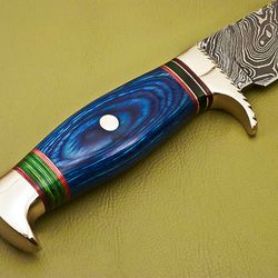 custom handmade damascus steel hunting knife with colored pakka wood handle with leather sheath