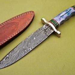 custom handmade damascus steel hunting knife with colored bone handle leather sheath