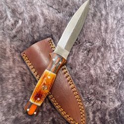 real handmade damascus dagger pocket knife small custom handmade knife with leather sheath