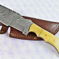 damascus steel hunting tactical knife camel bone scales pristine piece inc leather sheath