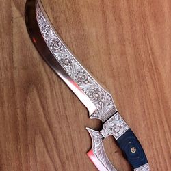 Custom Handmade Fixed Blade Full Tang Hand Engraved Bowie Knife with leather sheath