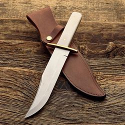 custom handmade d2 tool steel hunting bowie knife with steel guard & camel bone with leather sheath