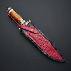 custom handmade damascus steel hunting bowie knife with leather sheath