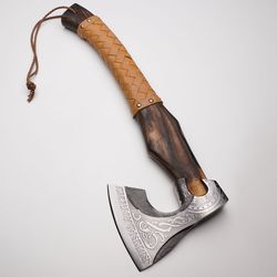 ASH VIKING AXE YELLOW custom handmade Damascus axe with leather sheath