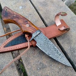 10" handmade damascus knife, hunting knife, bowie knife, walnut wood handle, 5" with leather sheath