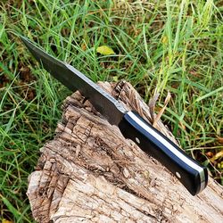 blood & ink damascus steel outdoor knife - full tang bowie hunting knife with leather sheath