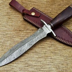 beautiful custom handmade damascus steel knife "natural wood" with leather sheath