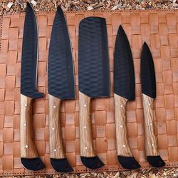 japanese custom handmade d2 steel chef knife set lot 5pcs, stainless steel chef's knife set with leather sheath