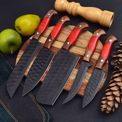 5 Pieces Handmade Black Powder Coated J2 Kitchen Knife Chef's Set And Leather Roll, Christmas Kitchen Knives