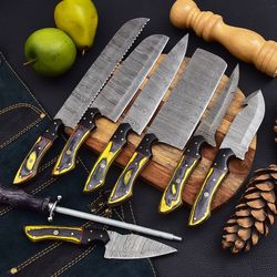 8 Pieces Handmade Damascus Kitchen Knife Chef's Knife Set And Leather Roll, Kitchen Knives, Christmas gift for mom