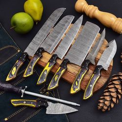 8 pieces handmade damascus kitchen knife chef's knife set and leather roll, kitchen knives, christmas gift for mom