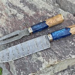 Fork and chef knife Damascus steel knives BBQ Knives Outdoor Grill Parties gifts BBQ Grilling accessories Easter Gifts