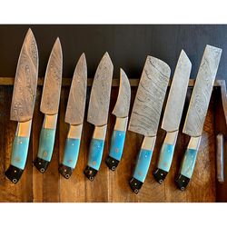 hand forged damascus steel chef set 8 pieces kitchen knives bull horn camel bone handle includes chopper cleaver knife