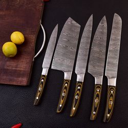 5pc custom damascus steel cooking knives, handmade bbq indoor, outdoor camping kitchen chef knife set, full tang knives