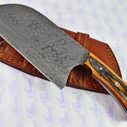 hand forged damascus steel laminate wood cleaver kitchen knife with leather sheath