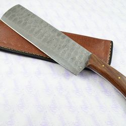 Hand Forged Damascus Steel Rose Wood Cleaver Kitchen Knife with Leather Sheath