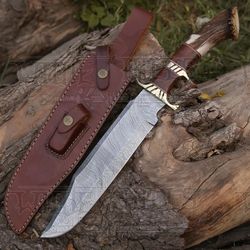 HANDMADE FORGED DAMASCUS Steel Hunting Bowie Rambo Knife Deer Stag Crown Handle with leather sheath