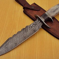 handmade damascus steel 14.50 inches bowie knife gorgeous handle with leather sheath