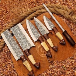 6 piece Hand Forged D2 STEEL engraved Blade Beautiful Handle chef Set With Leather Roll Kit
