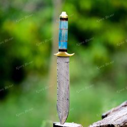 Handmade Damascus Steel Bowie Knife With Camel Bone Handle Brass Spacer Personalized Gift For Him