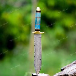 handmade damascus steel bowie knife with camel bone handle brass spacer personalized gift for him