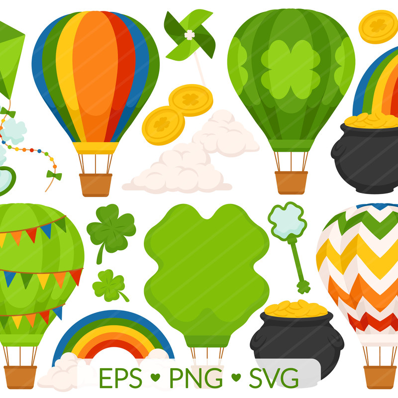 St Patricks Day Hot Air Balloon Clipart SVG PNG EPS Images Pot Of Gold Four Leaf Clover Shamrock 0