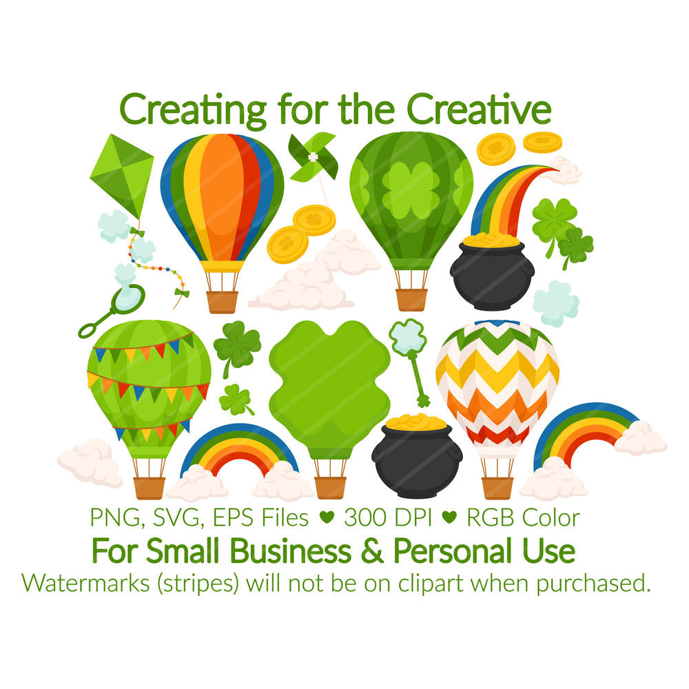 St Patricks Day Hot Air Balloon Clipart SVG PNG EPS Images Pot Of Gold Four Leaf Clover Shamrock 1