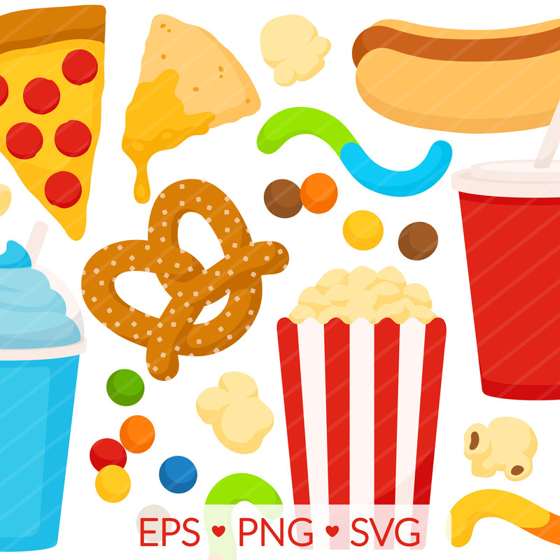 Movie Theater Food Clipart SVG PNG EPS Images Movie Popcorn Clip Art Pizza Nachos Hot Dog Pretzel 0