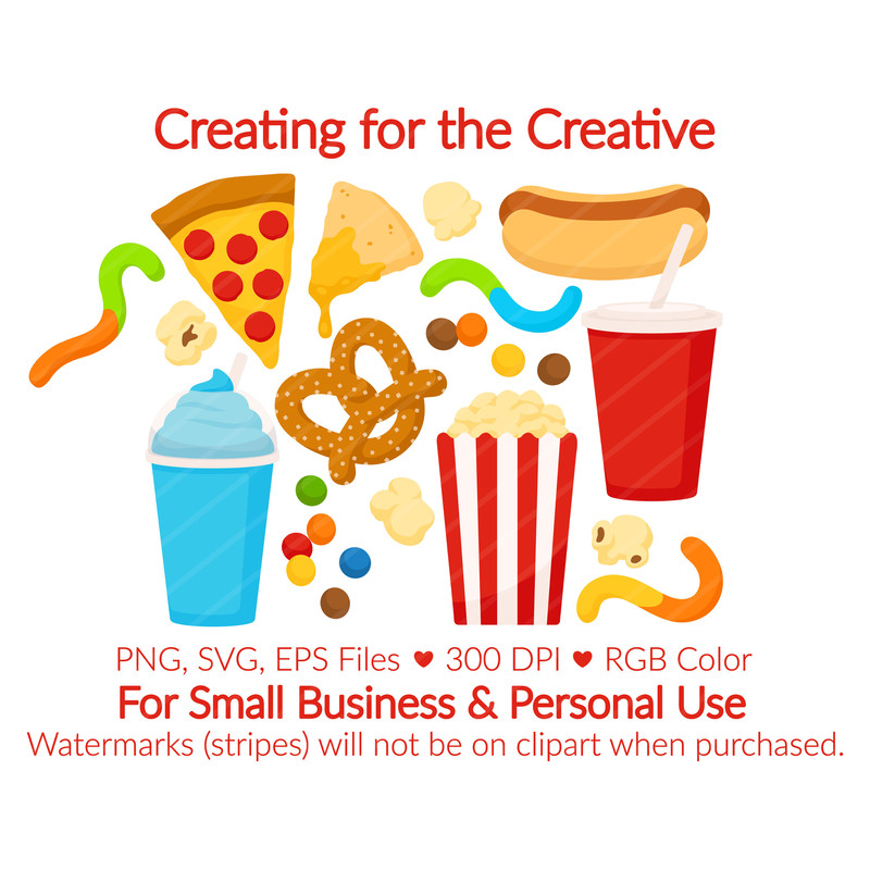 Movie Theater Food Clipart SVG PNG EPS Images Movie Popcorn Clip Art Pizza Nachos Hot Dog Pretzel 1