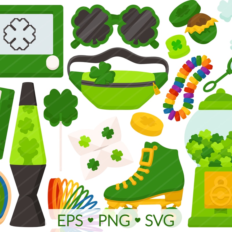 St Patricks Day Item Clipart SVG PNG EPS Images Disco Lava Lamp Roller Skate Rainbow Cookies Clov 0