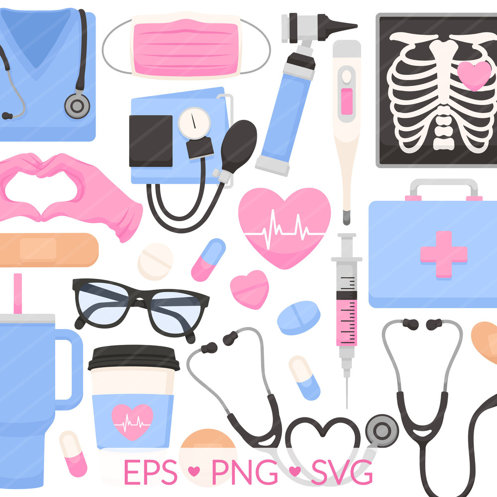 Nursing Clipart  SVG PNG EPS Images  Blue  Pink Nursing Items Stethoscope Thermometer Scrubs X Ray  0