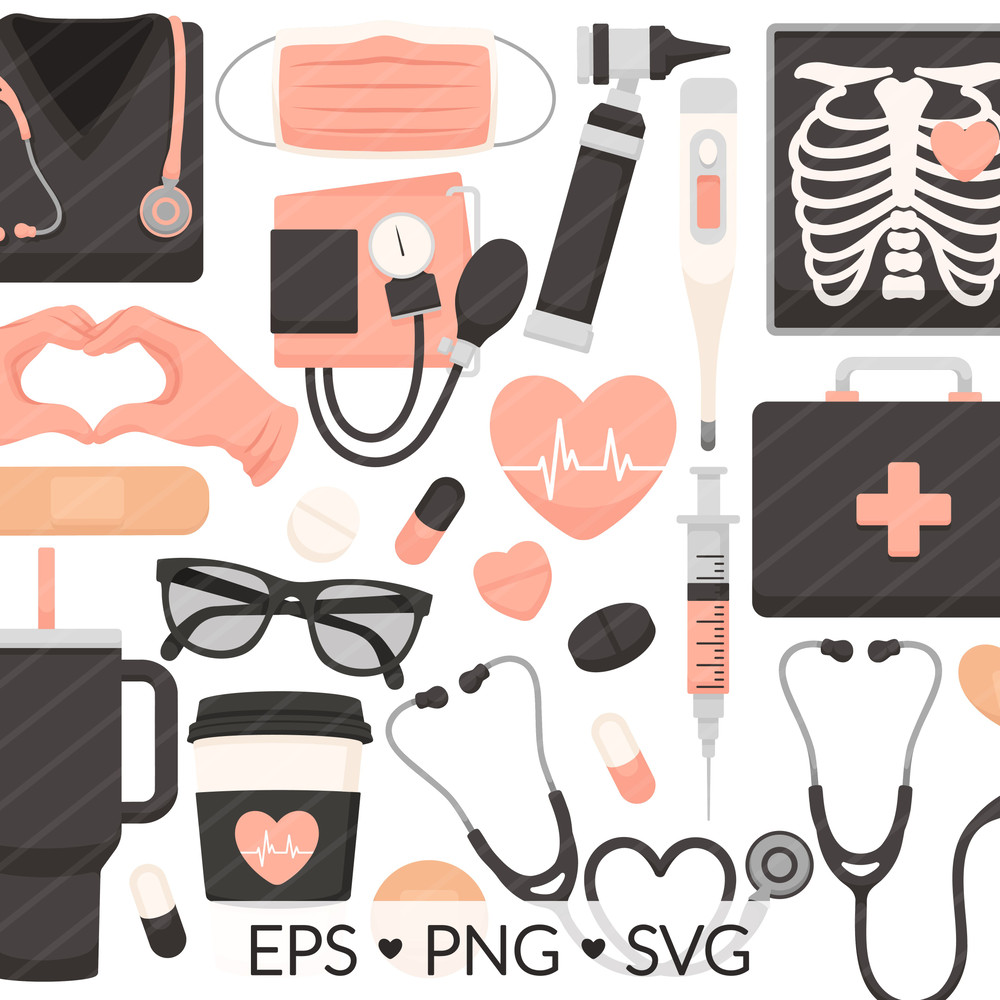 Nursing Clipart SVG PNG EPS Images Pink Black Nursing Items Stethoscope Thermometer Scrubs X Ray 0