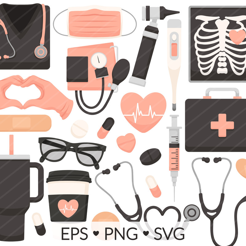 Nursing Clipart SVG PNG EPS Images Pink Black Nursing Items Stethoscope Thermometer Scrubs X Ray 0