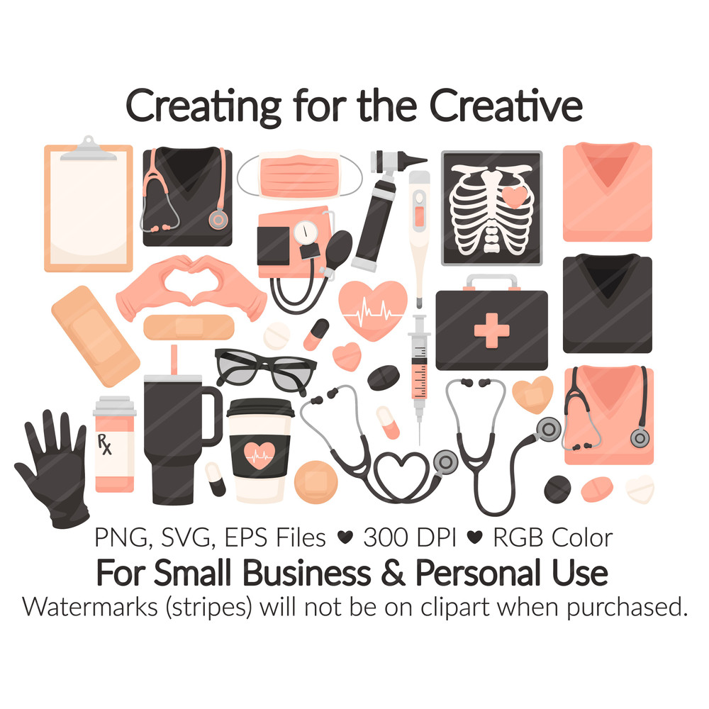 Nursing Clipart SVG PNG EPS Images Pink Black Nursing Items Stethoscope Thermometer Scrubs X Ray 1