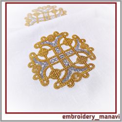 Traditional Cross embroidery design on fabric and lace insert design - Embroidery Manavi 05