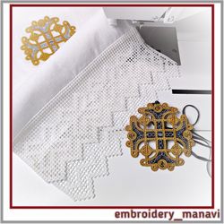 Set of 4 embroidery designs - FSL Cross Pendant lace insert traditional on fabric Lace Filet border Embroidery Manavi 05